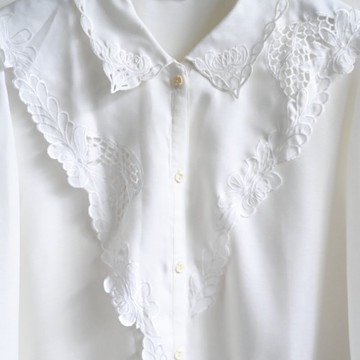 【蛋植物古著】雲山花藤鏤空刺繡純白古著襯衫
