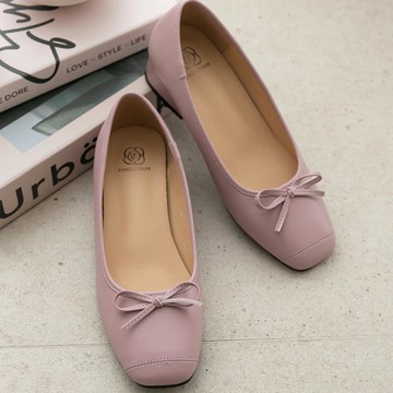 韓國 PINKELEPHANT - 可愛蝴蝶結方頭矮跟鞋(3cm)-淺紫