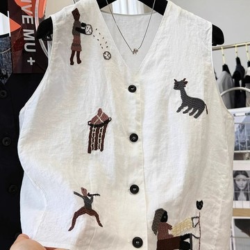 100%棉高端重工刺繡韓系V領馬甲背心外穿無袖坎肩上衣女夏季薄款 馬甲上衣  馬甲背心