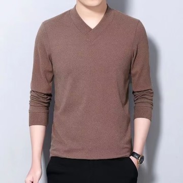 M-5XL  秋冬季 保暖 男士 長袖 純色 V領t恤 修身 韓版 打底衫 德絨  休閒 T恤 秋衣男（KDRVL）