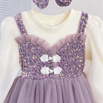 女.童亮片假兩件連衣裙針織百搭內搭紗網公主裙1長袖秋冬款加絨棉