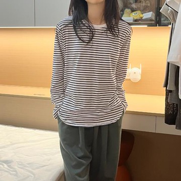女裝柔軟棉質條紋弧形下擺圓領長袖T恤元氣少女感寬松休閑上衣服