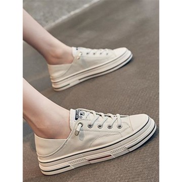 2024春秋新款百搭女鞋真皮系帶單鞋平底小白鞋兩穿休閑鞋軟底板鞋