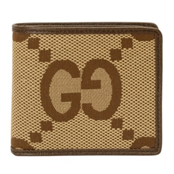 GUCCI  Jumbo GG 緹花布皮革邊對開8卡短夾(深卡其)