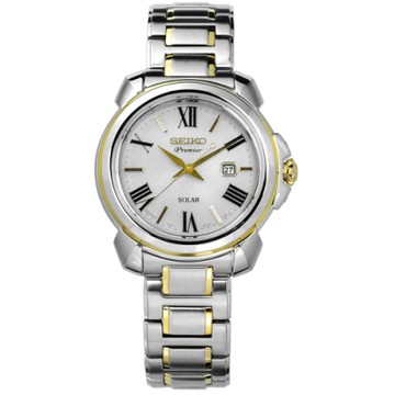 SEIKO 精工 Premier 藍寶石水晶 太陽能 日期 不鏽鋼 手錶-銀色/31mm