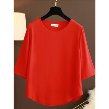 歐洲站夏季大碼女裝圓領純色寬松遮肚子百搭小衫雪紡衫短袖上衣女
