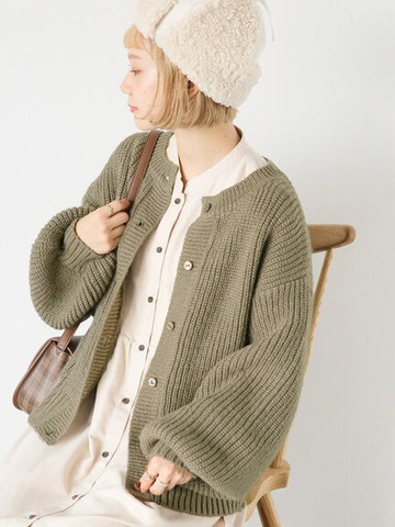 蓬袖剪裁粗針織圓領開襟罩衫(FF37L2D0580) - ehka sopo