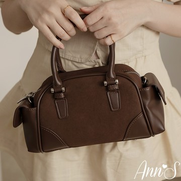 Ann’S韓系復古感-細絨雙口袋時髦保齡球包(附長背帶)-咖