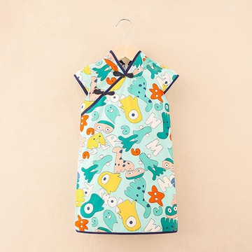 純棉涼爽旗袍洋裝-獨眼小妖怪-淺綠色