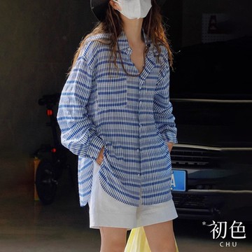 初色 格紋寬鬆休閒翻領單排釦條紋襯衫女上衣-藍色條紋-10146(M-2XL可選)