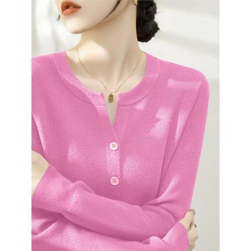 今年流行女裝淺紫色寬松顯瘦長袖針織開衫2025年春季新款圓領毛衣