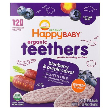 Happy Family Organics, Happy Baby®，有機牙膠，溫和磨牙華夫餅，藍莓和紫胡蘿卜，12 包，每包 0.14 盎司（4 克）