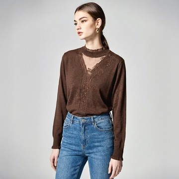 木耳邊透膚花卉刺繡羊毛針織上衣_咖啡色【MON'S 流行服飾】