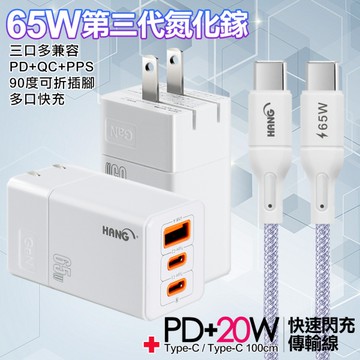 HANG 三代氮化鎵65W 白色+高密編織線Type-C to Type-C充電線-100cm
