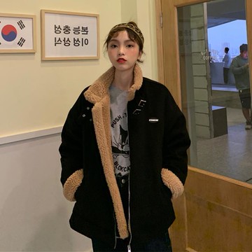 chic寬松加厚羊羔毛呢子大衣中長款開衫毛呢外套女潮1入