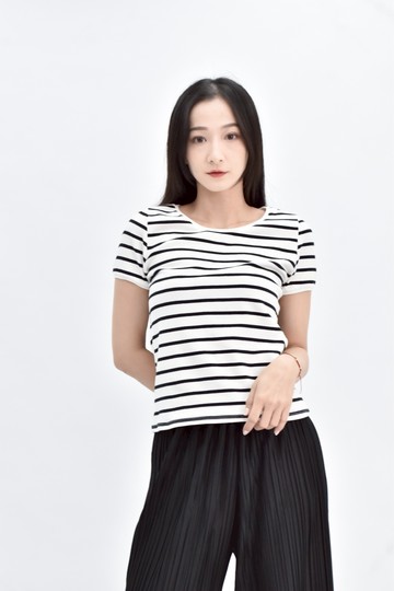 加購優惠(M) pazzo 白色棉質條紋短版短袖上衣