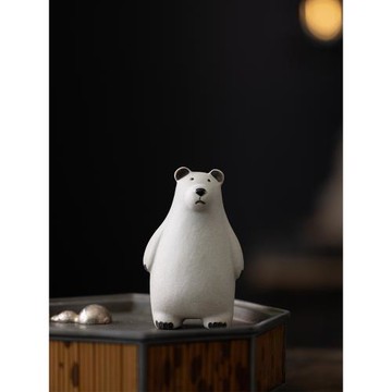 宜興原礦紫砂北極熊茶寵擺件精品白泥小熊可愛手工小茶玩家居裝飾