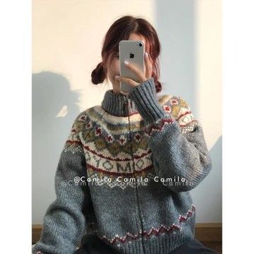 毛衣女費爾島高領加厚復古學院風慵懶軟糯針織開衫外套春秋季新款