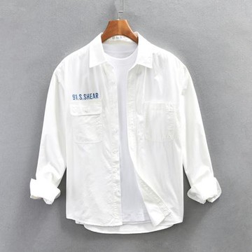 春秋季歐美式印花休閑襯衫外套男士寬松大碼日系復古工裝長袖襯衣