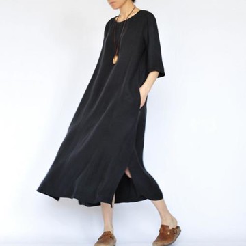 原創2025夏精品大碼女裝重磅銅氨絲連衣裙女寬松復古真絲長裙袍子