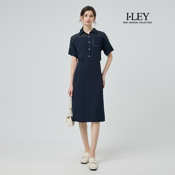 ILEY伊蕾 透膚格紋拼接後背活片長洋裝(深藍；M-XL)