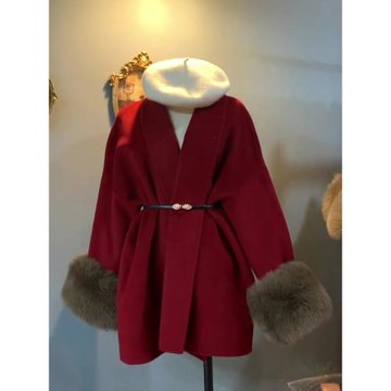 歐貨高級感紅色呢子大衣輕奢名媛凡爾賽小香風復古毛呢外套冬季裝