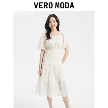 Vero Moda奧萊連衣裙子夏季新款方領泡泡袖純色優雅公主風長裙女
