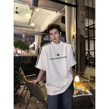 美式高街半高領短袖T恤男小眾字母刺繡設計韓版高級感墊肩半袖t恤