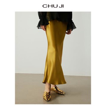 出跡設計感醋酸緞面半身裙女2025夏新款高腰綢緞垂感魚尾裙月光裙