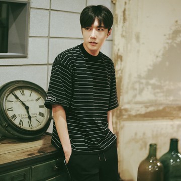 MRCYC夏裝男條紋短袖T恤休閑寬松港風純棉落肩袖青年圓領短袖T恤