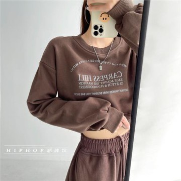 美式復古圓領衛衣女秋冬慵懶風寬松字母長袖ins潮酷甜辣短款上衣