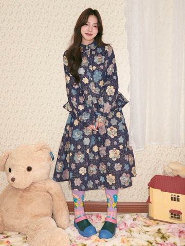 客製梭織花朵小熊插畫小香風襯衣外套長褲半身裙復古秋季