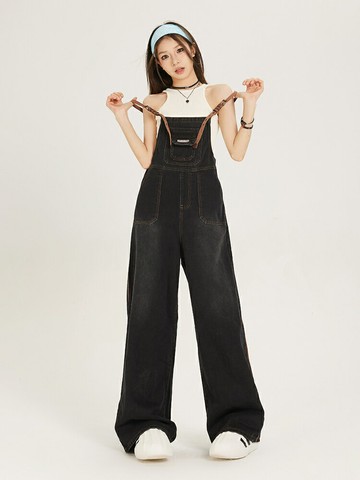 美式復古牛仔背帶褲女2024秋季新款設計感寬松bf風減齡闊腿連體褲【淘夢屋】