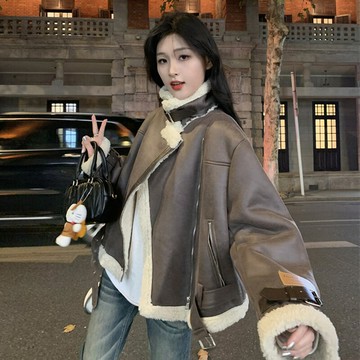 羊羔毛外套麂皮絨大衣-皮毛一體加厚寬鬆女外套74hj6【獨家進口】【米蘭精品】