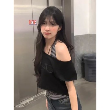 美式辣妹斜肩短袖t恤女夏季新款掛脖吊帶背心慵懶風修身顯瘦上衣