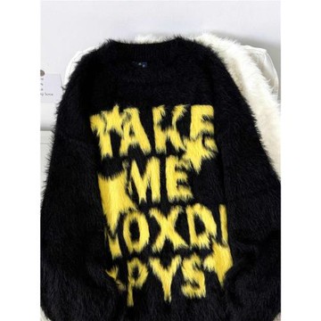 美式街頭情侶軟糯水貂毛字母毛衣秋冬慵懶垂墜馬海毛針織衫圓領潮