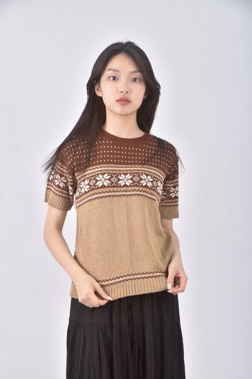 (S) 圓領棕色短袖上衣