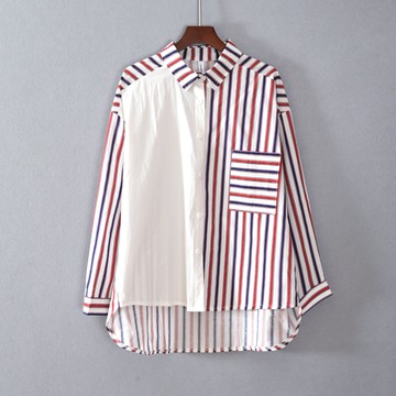 女裝寬松不對稱條紋長袖翻領單排扣口袋襯衫顯瘦時尚潮