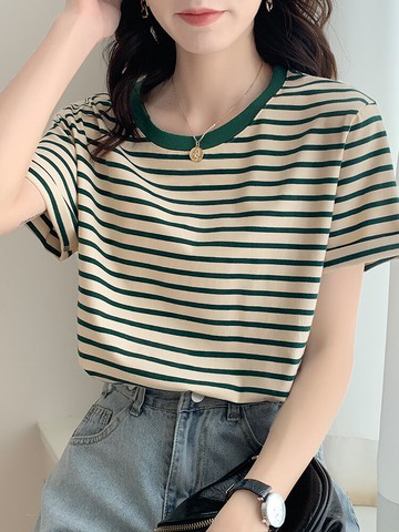 綠色條紋T恤女夏季短袖春裝2022新款寬松圓領百搭體恤小眾上衣服