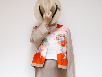 KIMONO CREW NECK JACKET - 採用復古和服布料的圓領夾克，獨一無二