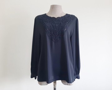 復古黑色刺繡蕾絲上衣 女款長袖泡泡袖上衣 S號