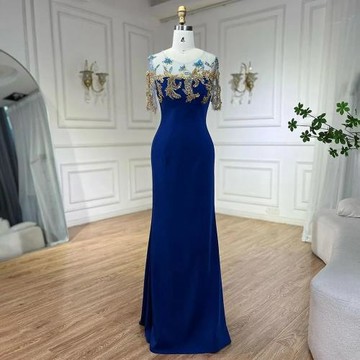 【女神婚紗禮服】奢華氣質金飾貼花透紗短袖絲絨魚尾晚禮服LA72554皇家藍