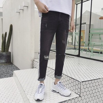 九分褲小腳牛仔褲-時尚個性毛鬚邊破洞男褲子73qy48【獨家進口】【米蘭精品】