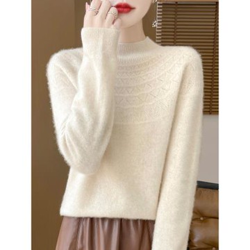 一線成衣100%純羊毛衫女士半高領毛衣鏤空提花無縫羊絨針織打底衫