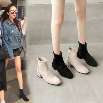 瘦瘦靴女短靴2024秋冬新款百搭網紅粗跟單靴彈力小高跟襪靴馬丁靴
