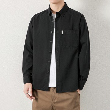 日系單口袋水洗棉翻領長袖襯衫 / 男女適穿 / 100%棉 / 5色 / M-4XL / 大尺碼【QTJBY8851】