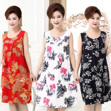 夏季中老年棉綢連衣裙大碼媽媽裝人造棉裙子老年人睡裙薄女裝長裙