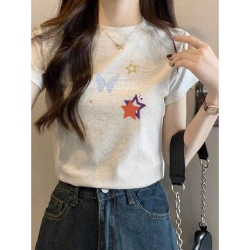 厚棉T  重磅款100%純棉  240G重磅個性  酷正肩短袖T恤女  夏白灰色修身上衣女 ZD