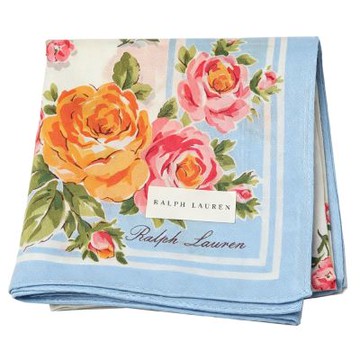 RALPH LAUREN 淺藍邊框水彩橙粉大玫瑰圖騰字母LOGO帕領巾(52CM)