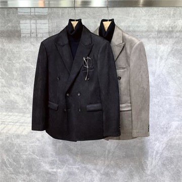 英倫風皮絨雙排扣小西裝外套男士潮流痞帥休閑高級感單西服厚上衣